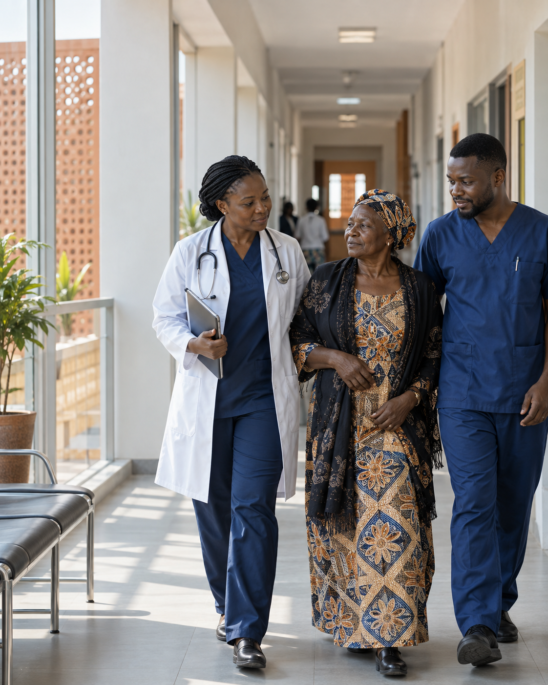A doctor and nurse walk with an older patient in a hospital corridor.